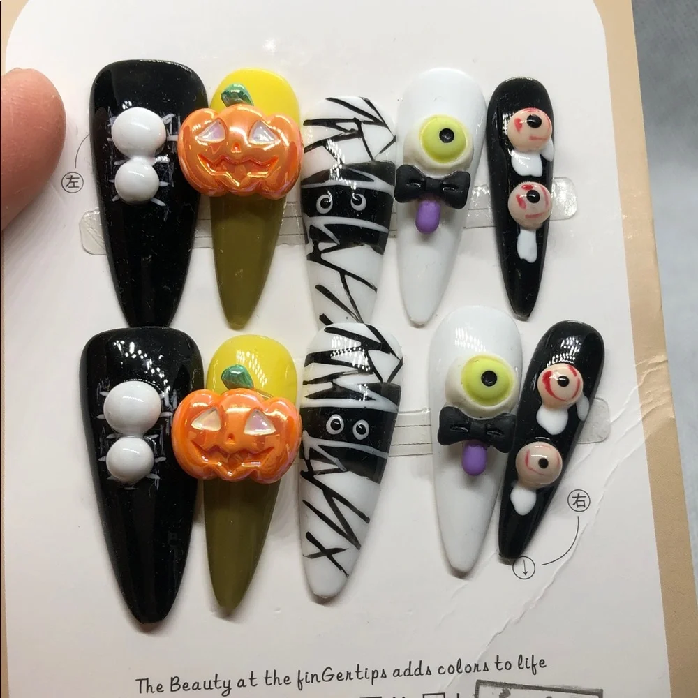 Size L Halloween Kids Nail Tips - Pumpkin & Eyeball Design, Black White Yellow